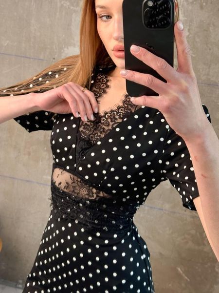 Атласна сукня в горошок з мереживом ВТ 96107 VOENTORGZSU